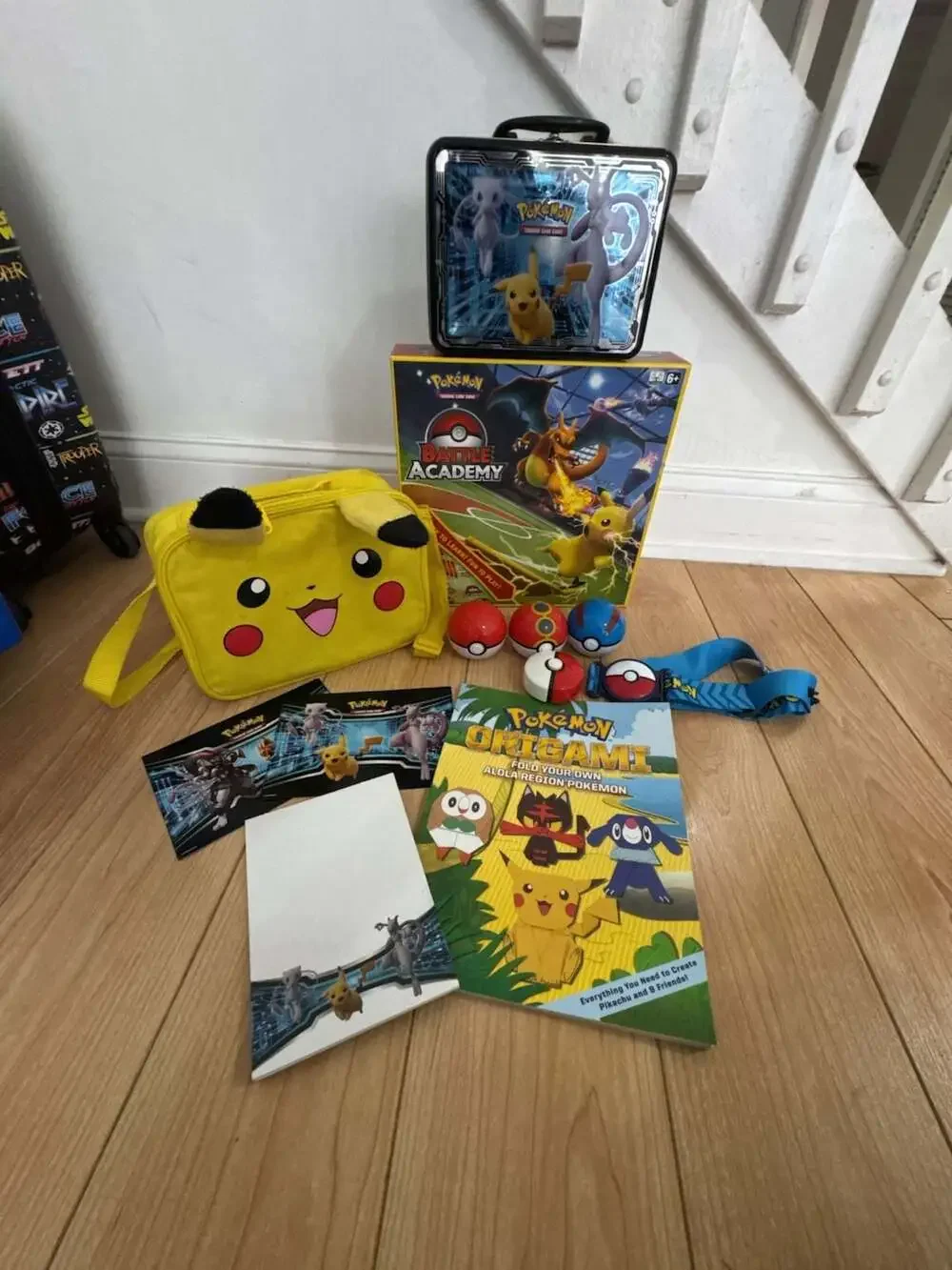 Pokémon BUNDLE Battle Academy Board Game with Pikachu Bag, Tin, and Accessories